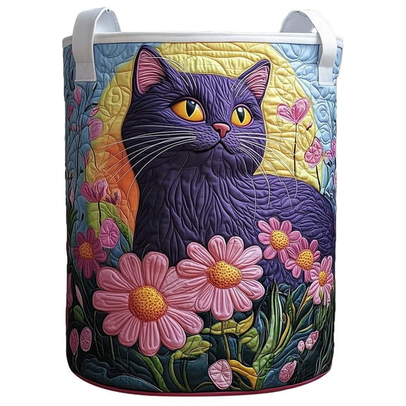 Quilted Cat Laundry Basket with Handles,Cat Quilted Laundry Basket,Boho Floral Fabric Storage Hamper for Nursery LaundryRoom, Clothes & Toys