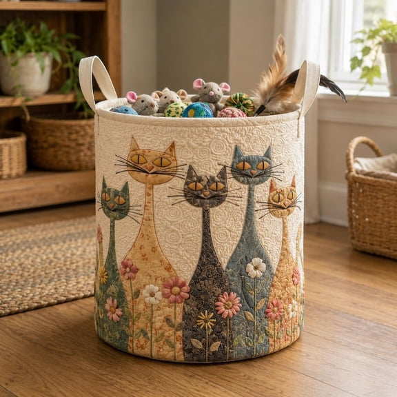 Quilted Cat Laundry Hamper, Floral Cat Lover Storage Bin, Patchwork Toy Basket, Nursery Organizer