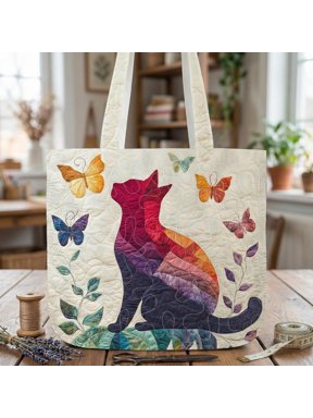 Quilted Cat Tote Bag, Butterfly Floral Patchwork Cat Bag, Cottagecore Market Tote, Gift for Cat Lovers