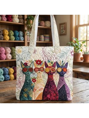 Quilted Cat Tote Bag, Handmade Patchwork Tote, Colorful Embroidered Fabric Bag