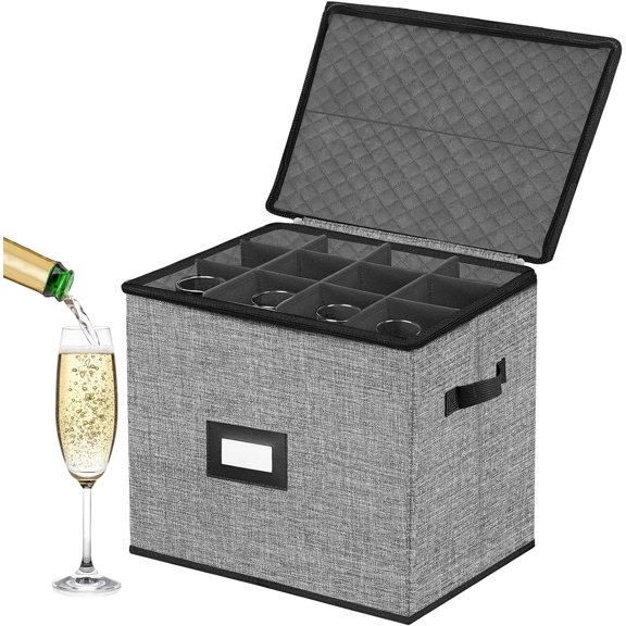Quilted Champagne Flute Storage Box, Hard Shell Stackable Stemware Organizer, Wine Glass Protective Case, Crystal Glassware Holder for Moving and Transport, Grey Drinkware Container