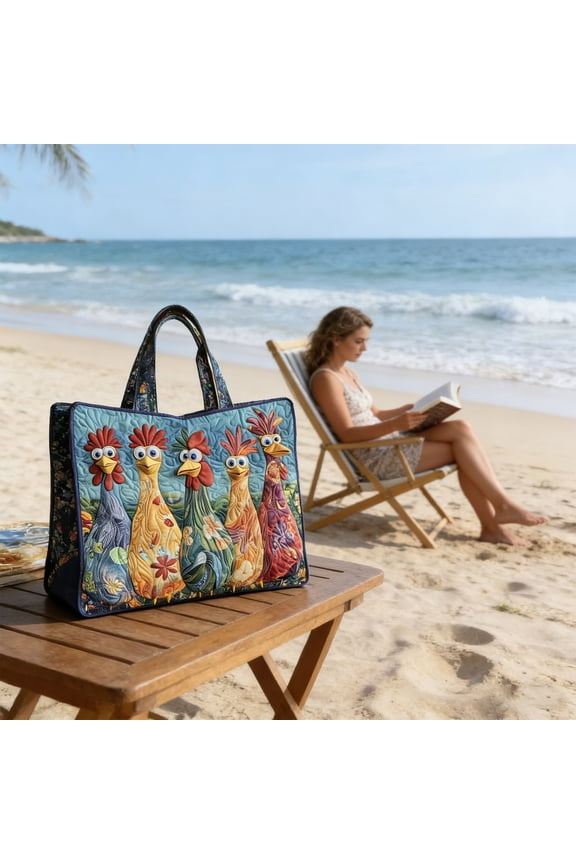 Quilted Chicken Tote Bag, Colorful Rooster Patchwork Shoulder Bag with 5 Whimsical Farmhouse Bird Prints, Large Fabric Market Tote for Beach Grocery Shopping, Eco Friendly Reusable Handbag for Women