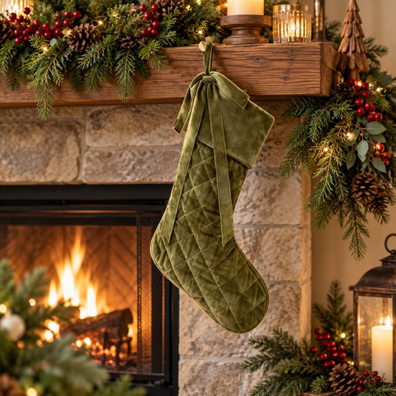 Quilted Christmas Stocking with Elegant Bow, 1 Pack, Olive Green Velvet, for Fireplace Mantel Holiday Decoration
