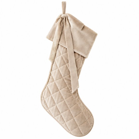 Quilted Christmas Stocking with Elegant Bow Detail, 17X10 Inch Beige Velvet Hanging Decoration for Holiday Mantel Display