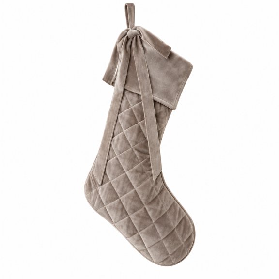 Quilted Christmas Stocking with Elegant Bow Detail, 17X10 Inch Brown Velvet Hanging Decoration for Fireplace Mantel