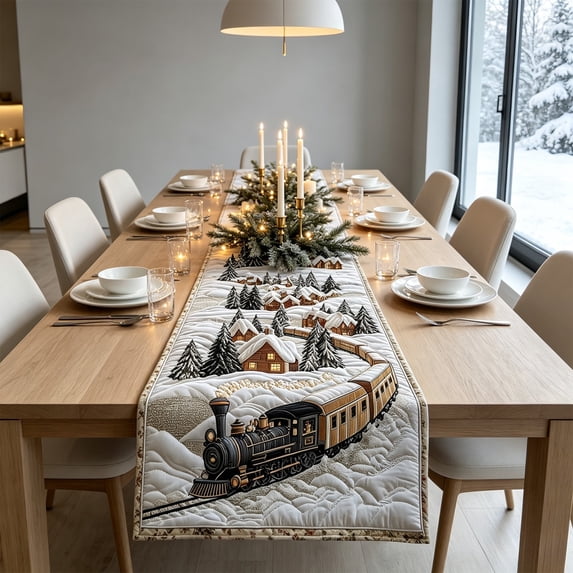 Quilted Christmas Table Runner 14x48 in, Winter Train Scenic Dining Table Runner Cover for Holiday Kitchen