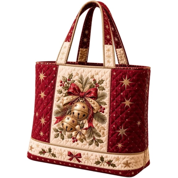 Quilted Christmas Tote Bag, With Appliqué Holiday Designs, Reusable Shopping Bag, 16.93 x 15.75 x 3.94 in, Gnome, Snowman and Tree Applique Print, Festive Gift Bag for Shopping