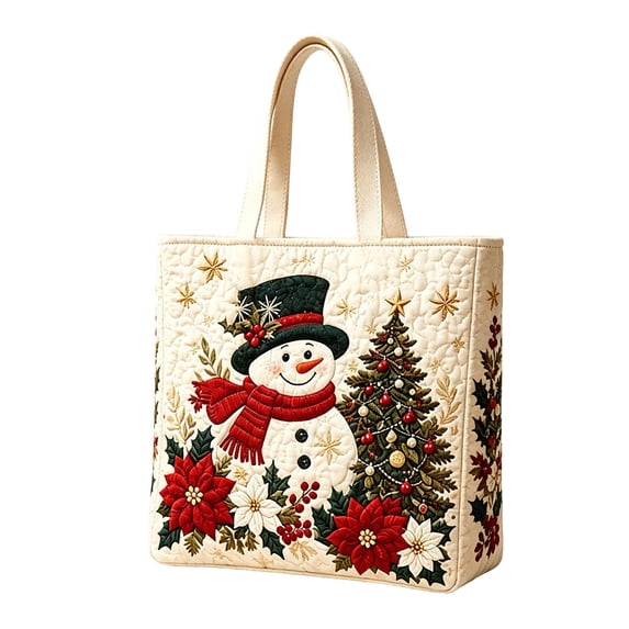 Quilted Christmas Tote Bag, Eco Friendly Handbag, Large Festive Christmas Snowman Print,Reusable Shopping Bag,Holiday Gift Bag Party Favors Daily Everyday Use