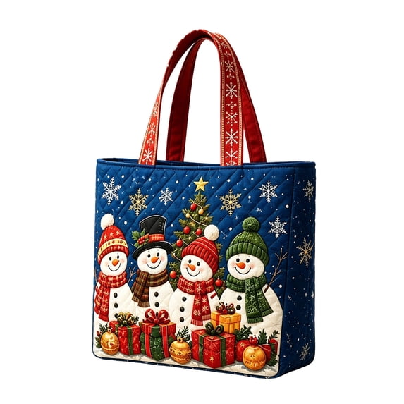 Quilted Christmas Tote Bag, Eco Friendly Handbag, Large Festive Christmas Snowman Print,Reusable Shopping Bag,Holiday Gift Bag Party Favors Daily Everyday Use