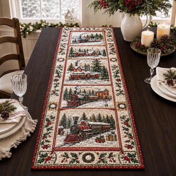 Quilted Christmas Train Table Runner, Winter Holiday Express Quilt, Cozy Dining Decor
