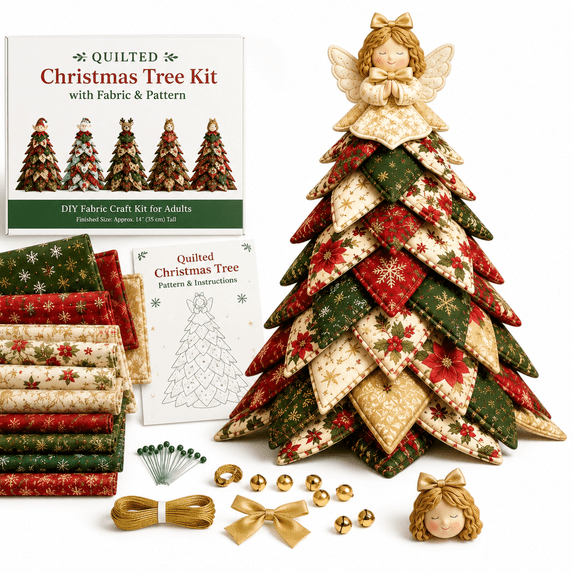 Quilted Christmas Tree Kit with Fabric and Pattern, 3D DIY Patchwork Craft Set for Beginners, Handmade Tabletop Christmas Tree Decor for Mantel Table Office Holiday Display