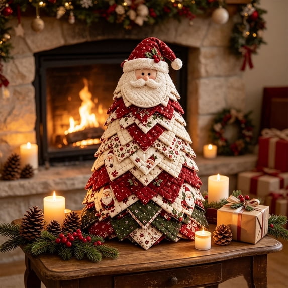 Quilted Christmas Tree Tabletop Decor 12 Inch Hand Stitched Fabric Xmas Ornament Vintage Patchwork Desktop Decoration for Home Party Holiday Display