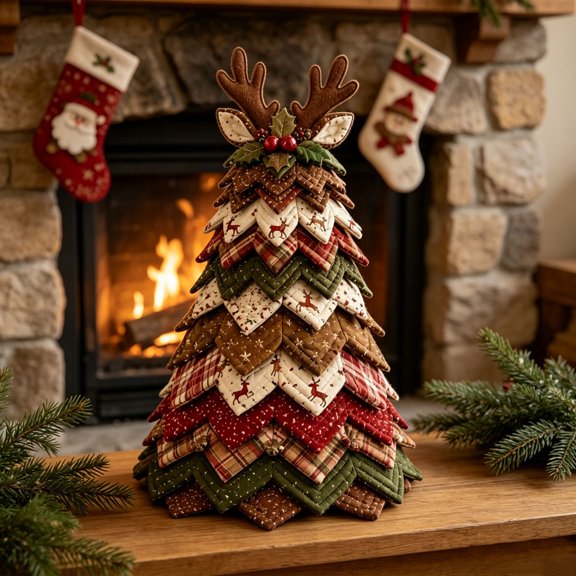 Quilted Christmas Tree Tabletop Decor 12 Inch Hand Stitched Fabric Xmas Ornament Vintage Patchwork Desktop Decoration for Home Party Holiday Display