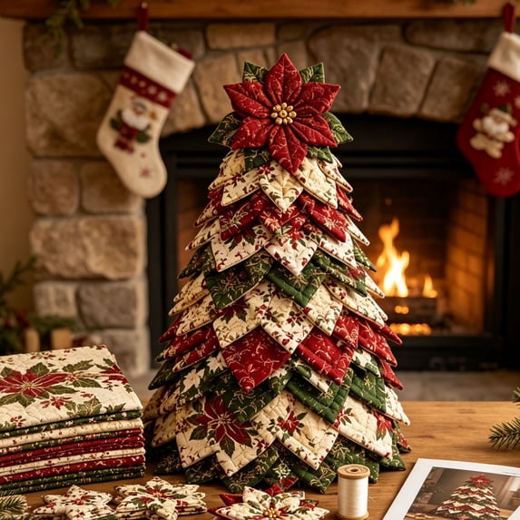 Quilted Christmas Tree Tabletop Decor 12 Inch Hand Stitched Fabric Xmas Ornament Vintage Patchwork Desktop Decoration for Home Party Holiday Display
