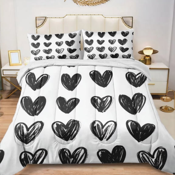 Quilted Comforter Duvet, All Season Duvet, Soft Bedding 3 Set, 1 Duvet Comforter & 2 Pillow Case, Black Heart, Twin