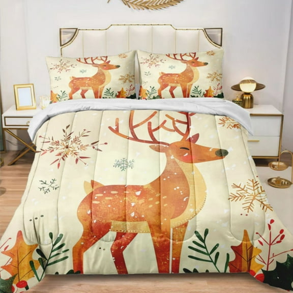 Quilted Comforter Duvet, All Season Duvet, Soft Bedding 3 Set, 1 Duvet Comforter & 2 Pillow Case, Christmas Deer, King