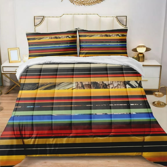 Quilted Comforter Duvet, All Season Duvet, Soft Bedding 3 Set, 1 Duvet Comforter & 2 Pillow Case, Colorful Mexican Poncho Stripes, King