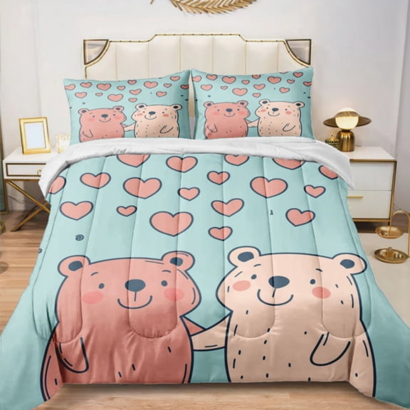 Quilted Comforter Duvet, All Season Duvet, Soft Bedding 3 Set, 1 Duvet Comforter & 2 Pillow Case, Cute Bear Love, Twin
