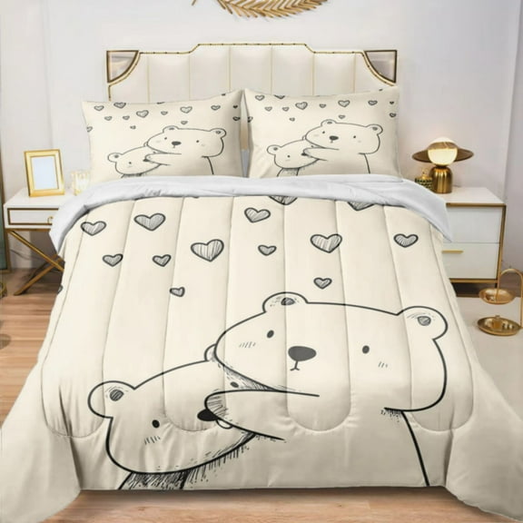 Quilted Comforter Duvet, All Season Duvet, Soft Bedding 3 Set, 1 Duvet Comforter & 2 Pillow Case, Cute Bear Love, Twin