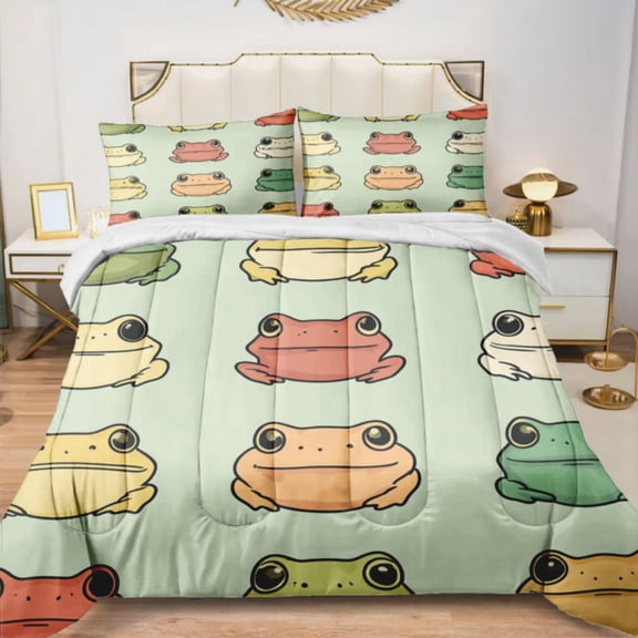 Quilted Comforter Duvet, All Season Duvet, Soft Bedding 3 Set, 1 Duvet Comforter & 2 Pillow Case, Cute Frog, Twin