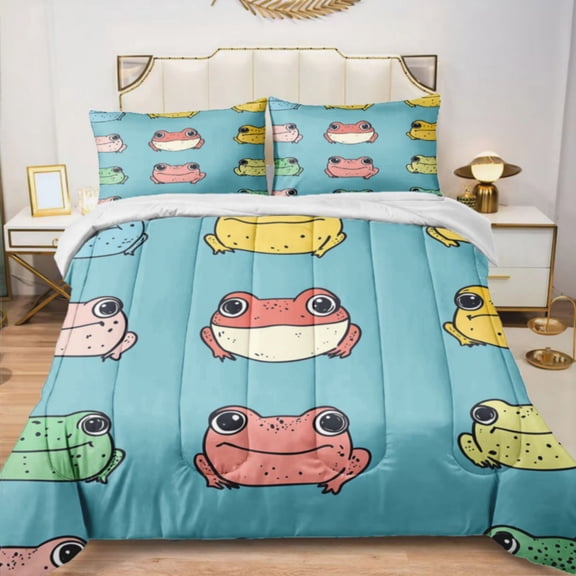 Quilted Comforter Duvet, All Season Duvet, Soft Bedding 3 Set, 1 Duvet Comforter & 2 Pillow Case, Cute Frog, Twin
