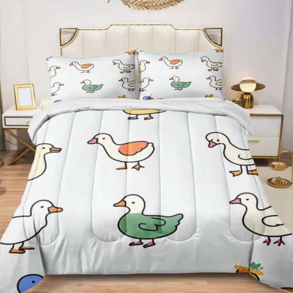 Quilted Comforter Duvet, All Season Duvet, Soft Bedding 3 Set, 1 Duvet Comforter & 2 Pillow Case, Cute Goose, Twin