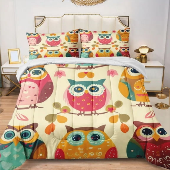 Quilted Comforter Duvet, All Season Duvet, Soft Bedding 3 Set, 1 Duvet Comforter & 2 Pillow Case, Cute Owl Pattern, King