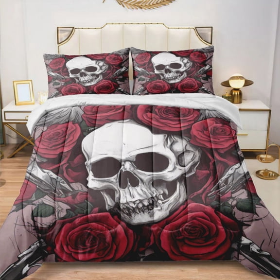 Quilted Comforter Duvet, All Season Duvet, Soft Bedding 3 Set, 1 Duvet Comforter & 2 Pillow Case, Death Hawk ROse, Full