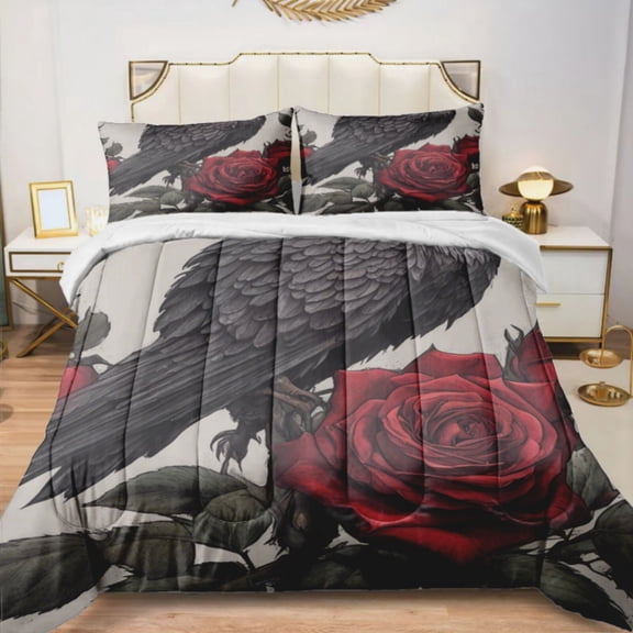 Quilted Comforter Duvet, All Season Duvet, Soft Bedding 3 Set, 1 Duvet Comforter & 2 Pillow Case, Death Hawk ROse, Queen