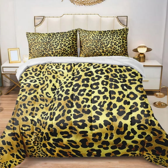 Quilted Comforter Duvet, All Season Duvet, Soft Bedding 3 Set, 1 Duvet Comforter & 2 Pillow Case, Gold Leopard, King