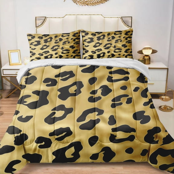 Quilted Comforter Duvet, All Season Duvet, Soft Bedding 3 Set, 1 Duvet Comforter & 2 Pillow Case, Gold Leopard Print, King
