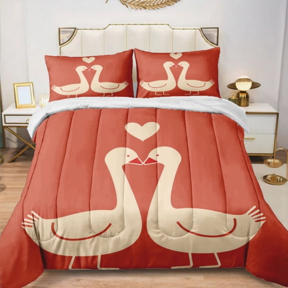 Quilted Comforter Duvet, All Season Duvet, Soft Bedding 3 Set, 1 Duvet Comforter & 2 Pillow Case, Goose Love Valentine, King