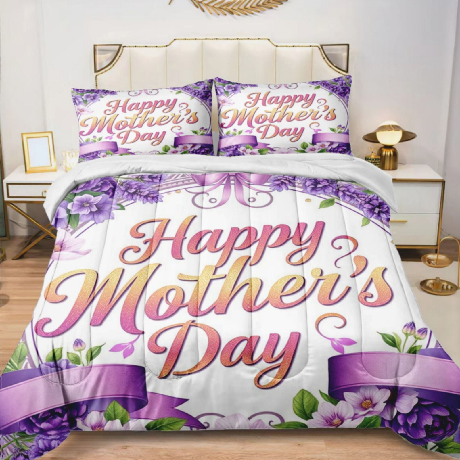 Quilted Comforter Duvet, All Season Duvet, Soft Bedding 3 Set, 1 Duvet Comforter & 2 Pillow Case, Happy Mother’s Day Lavender, Twin
