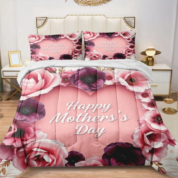 Quilted Comforter Duvet, All Season Duvet, Soft Bedding 3 Set, 1 Duvet Comforter & 2 Pillow Case, Happy Mother‘s Day with Heart Floral, Queen