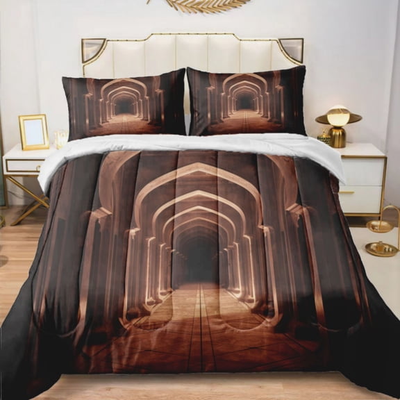 Quilted Comforter Duvet, All Season Duvet, Soft Bedding 3 Set, 1 Duvet Comforter & 2 Pillow Case, Islamic Architecture, Queen