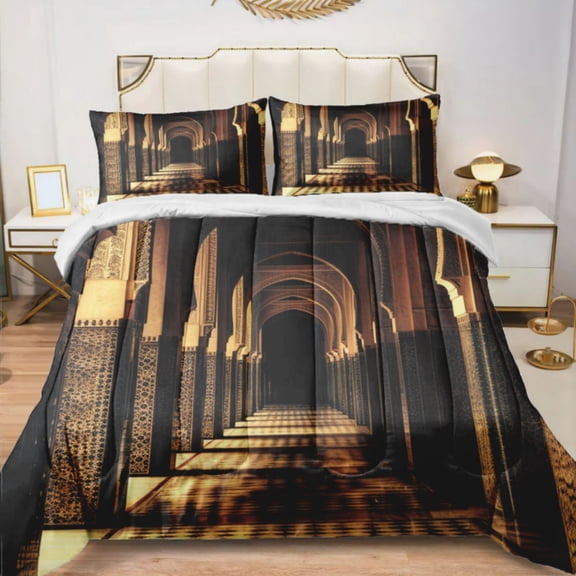 Quilted Comforter Duvet, All Season Duvet, Soft Bedding 3 Set, 1 Duvet Comforter & 2 Pillow Case, Islamic Architecture, Queen