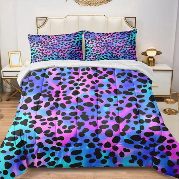 Quilted Comforter Duvet, All Season Duvet, Soft Bedding 3 Set, 1 Duvet Comforter & 2 Pillow Case, Leopard Colorful, Queen
