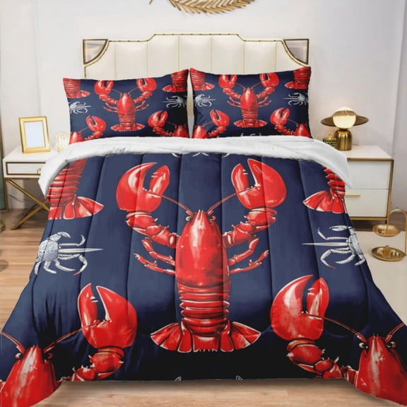 Quilted Comforter Duvet, All Season Duvet, Soft Bedding 3 Set, 1 Duvet Comforter & 2 Pillow Case, Lobster Pattern , Full