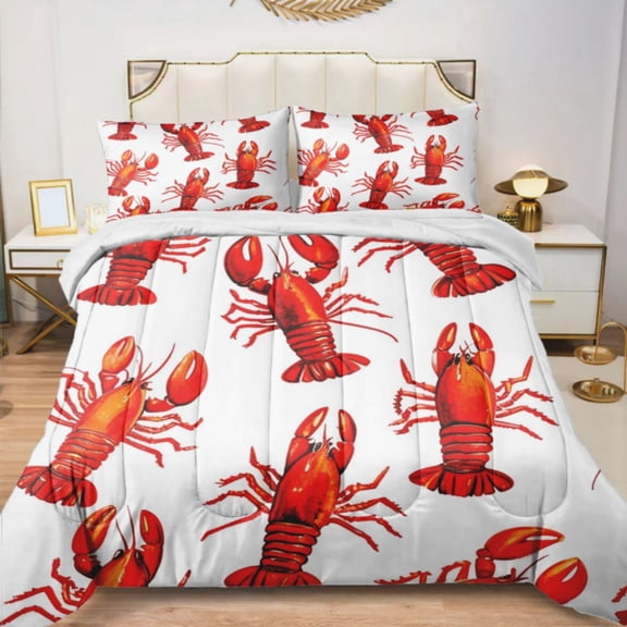 Quilted Comforter Duvet, All Season Duvet, Soft Bedding 3 Set, 1 Duvet Comforter & 2 Pillow Case, Lobster Pattern Print Fabric, Queen