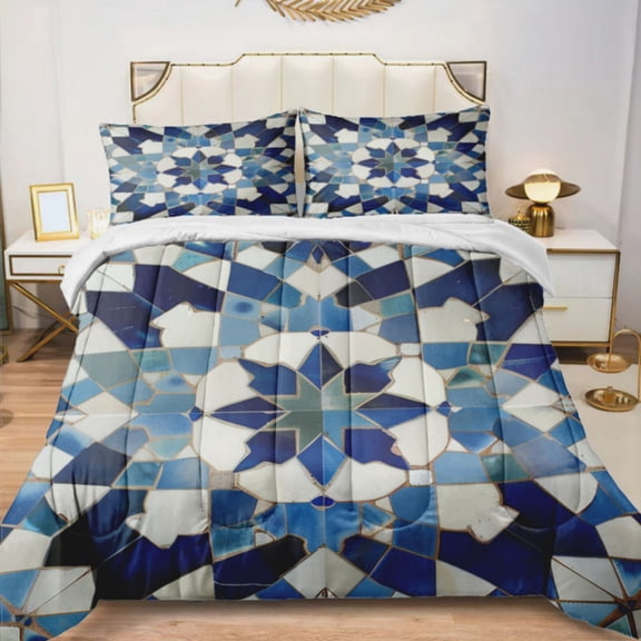 Quilted Comforter Duvet, All Season Duvet, Soft Bedding 3 Set, 1 Duvet Comforter & 2 Pillow Case, Mediterranean Style Tile, Twin