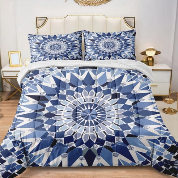 Quilted Comforter Duvet, All Season Duvet, Soft Bedding 3 Set, 1 Duvet Comforter & 2 Pillow Case, Mediterranean Style Tile, Twin