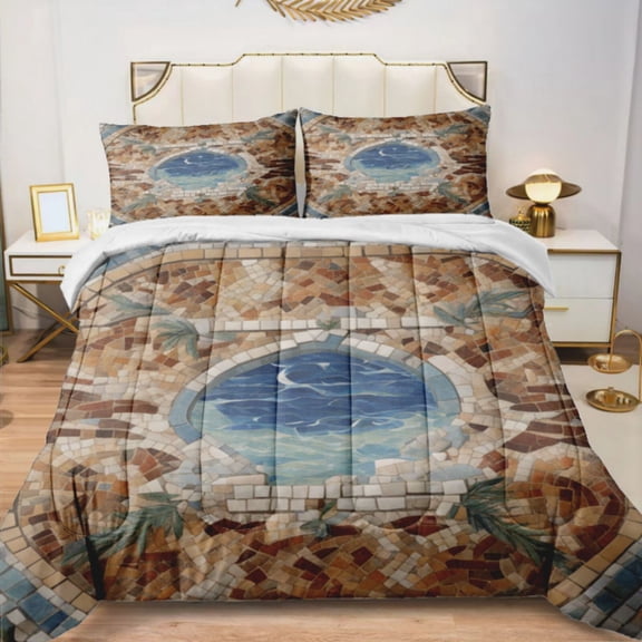 Quilted Comforter Duvet, All Season Duvet, Soft Bedding 3 Set, 1 Duvet Comforter & 2 Pillow Case, Mediterranean style mosaic Around, Queen