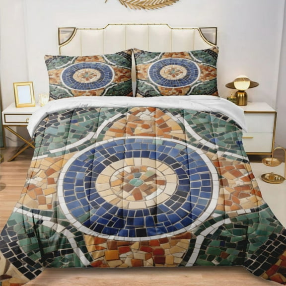 Quilted Comforter Duvet, All Season Duvet, Soft Bedding 3 Set, 1 Duvet Comforter & 2 Pillow Case, Mediterranean style mosaic Around, Twin