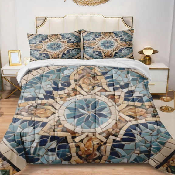 Quilted Comforter Duvet, All Season Duvet, Soft Bedding 3 Set, 1 Duvet Comforter & 2 Pillow Case, Mediterranean style mosaic Around, Twin