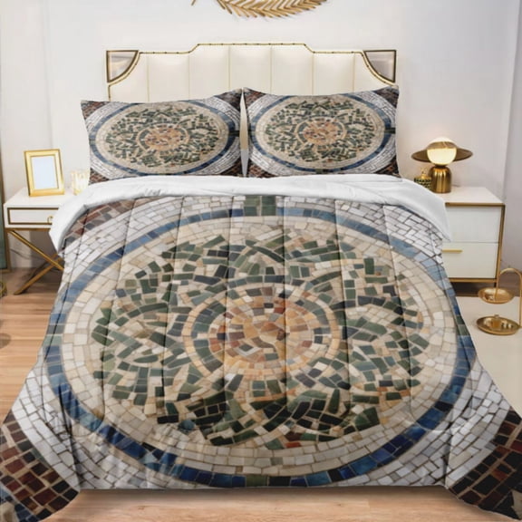 Quilted Comforter Duvet, All Season Duvet, Soft Bedding 3 Set, 1 Duvet Comforter & 2 Pillow Case, Mediterranean style mosaic Around, Twin