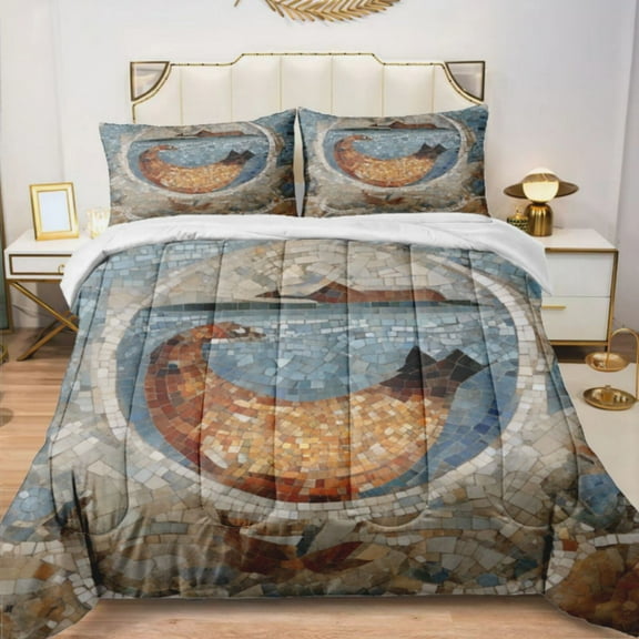 Quilted Comforter Duvet, All Season Duvet, Soft Bedding 3 Set, 1 Duvet Comforter & 2 Pillow Case, Mediterranean style mosaic, Twin