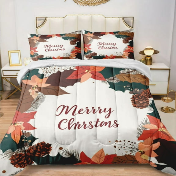 Quilted Comforter Duvet, All Season Duvet, Soft Bedding 3 Set, 1 Duvet Comforter & 2 Pillow Case, Merry Christmas lettering Wreath Leanfs, King