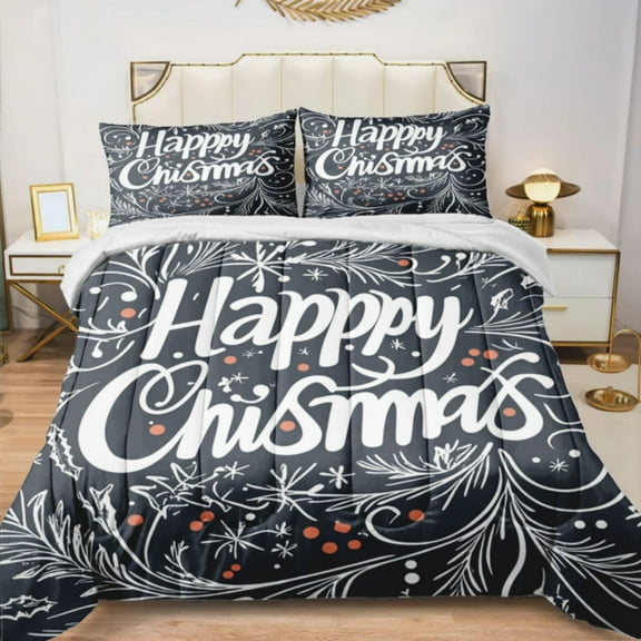 Quilted Comforter Duvet, All Season Duvet, Soft Bedding 3 Set, 1 Duvet Comforter & 2 Pillow Case, Merry Christmas lettering flourishes, King