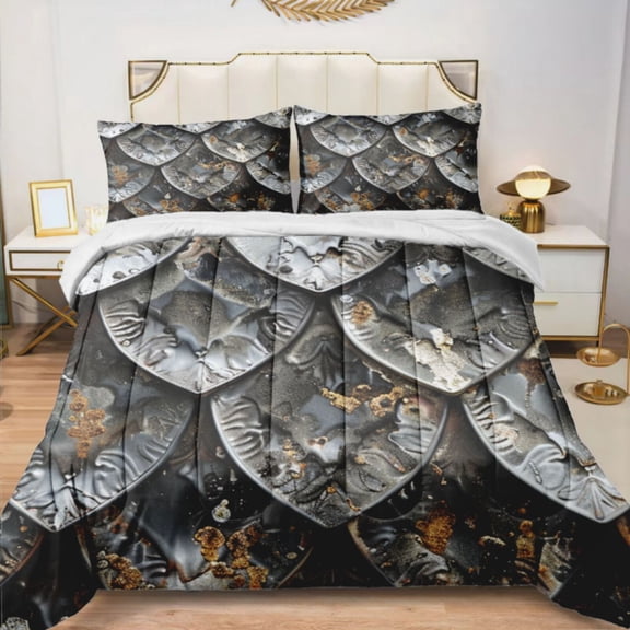 Quilted Comforter Duvet, All Season Duvet, Soft Bedding 3 Set, 1 Duvet Comforter & 2 Pillow Case, Metal Scale, Twin
