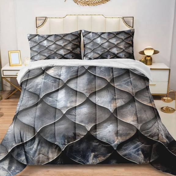Quilted Comforter Duvet, All Season Duvet, Soft Bedding 3 Set, 1 Duvet Comforter & 2 Pillow Case, Metal Scale, Twin